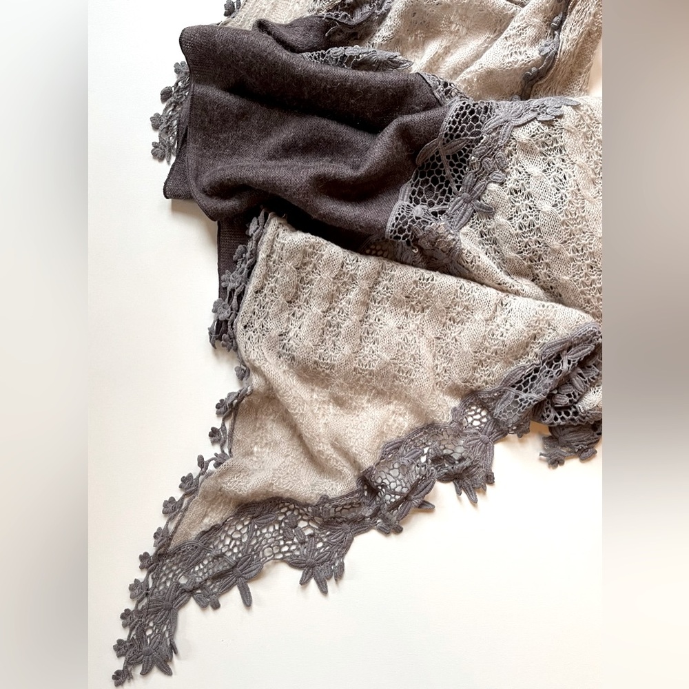 Light and dark grey wool lace and cable knit scarf w/ lace trim. From France.